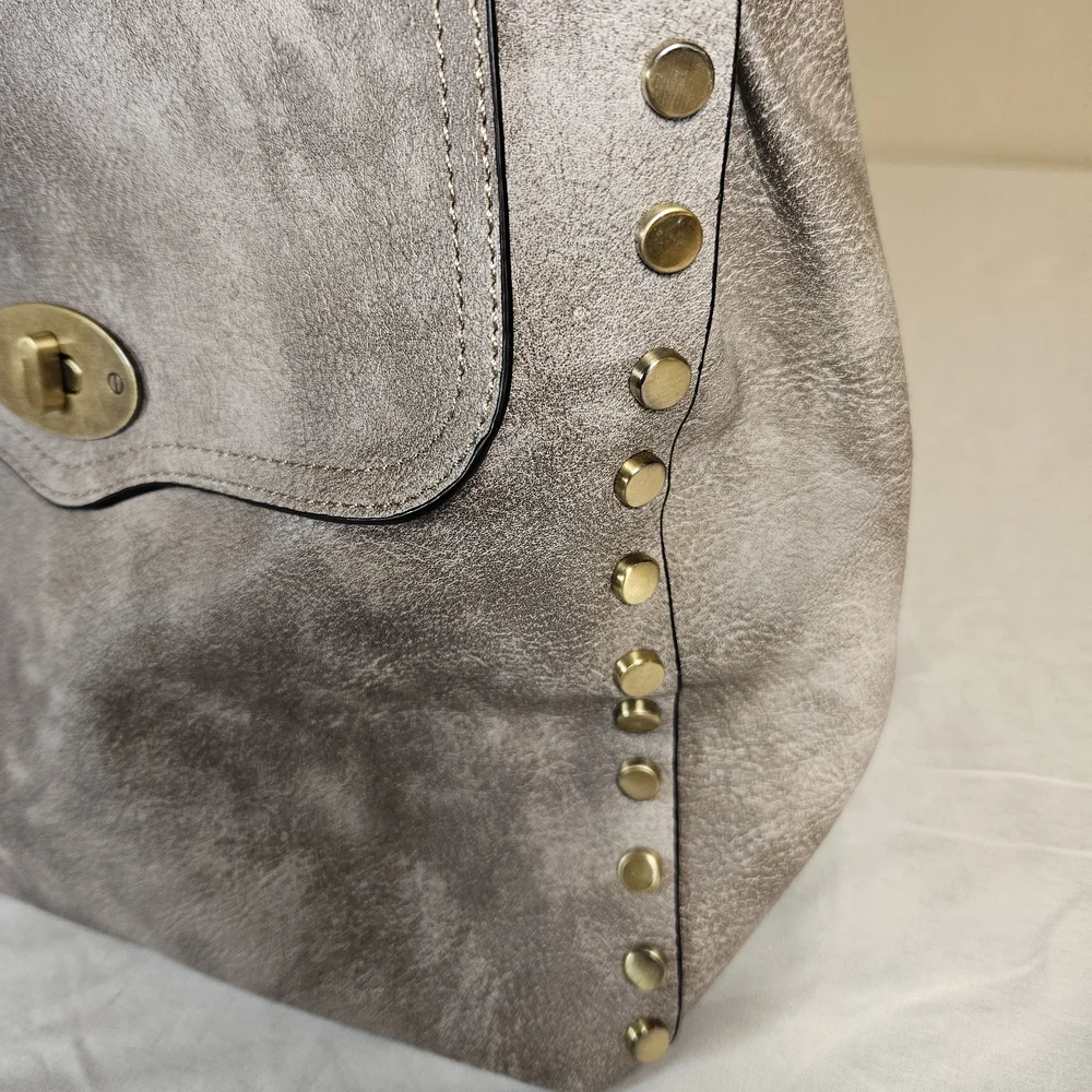 Taupe Faux Suede Studded‎ Flap Backpack
